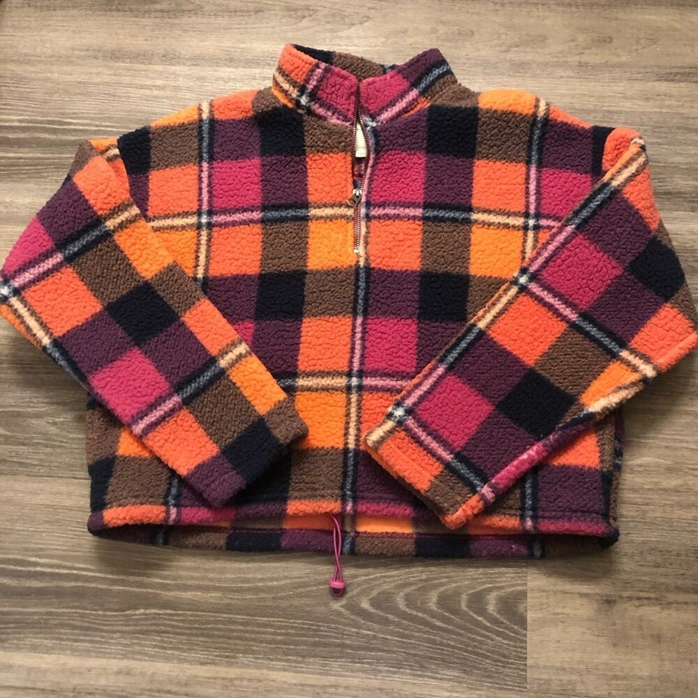 American Eagle Outfitters Pink and Orange Plaid Teddy Jacket